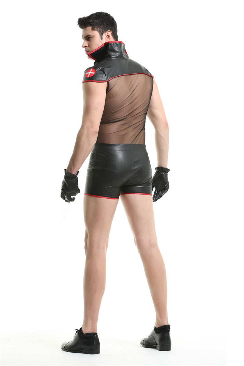Man in faux leather and sheer mesh outfit with a high collar and red accents, holding a syringe. Wears gloves and black shoes. Swiss flag patch on shoulder.