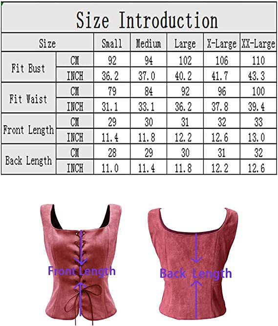 Size chart and images of a corset top in pink. Sizes range from Small to XX-Large with measurements for bust, waist, front length, and back length in cm and inches.