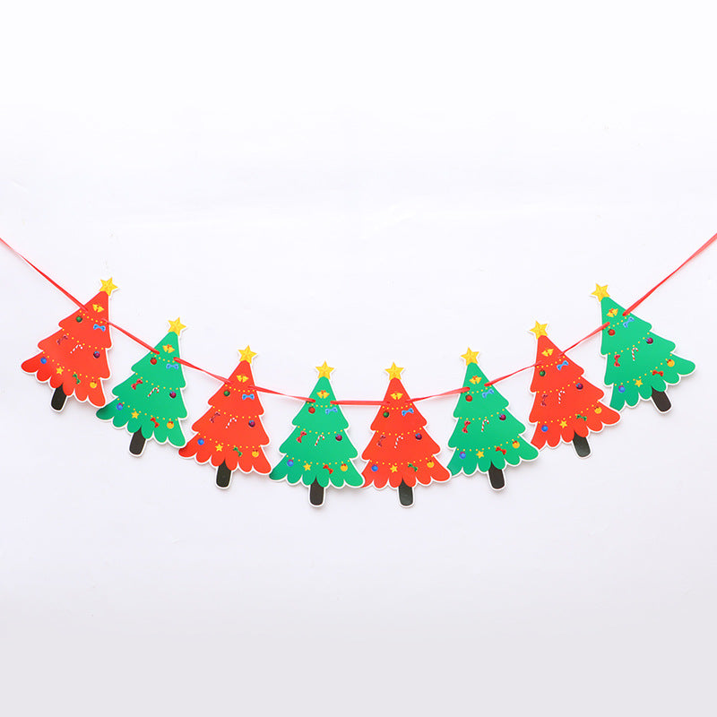 Festive garland featuring alternating red and green Christmas tree shapes with stars on top, adorned with colorful decorations, hung on a red string against a white background.