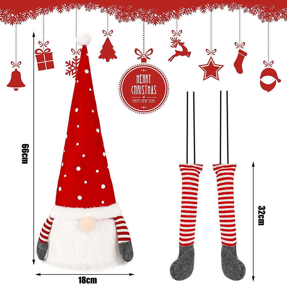 Festive gnome decoration with a red polka dot hat, striped arms and legs, measuring 66cm tall and 18cm wide. Includes red holiday icons and "Merry Christmas" text.