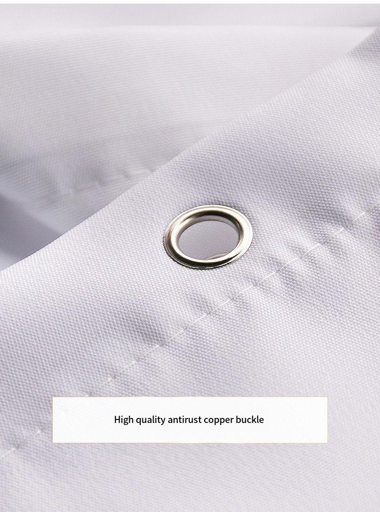 Close-up of a white fabric with a high-quality antirust copper grommet. The texture is visible, and a caption reads, "High quality antirust copper buckle."