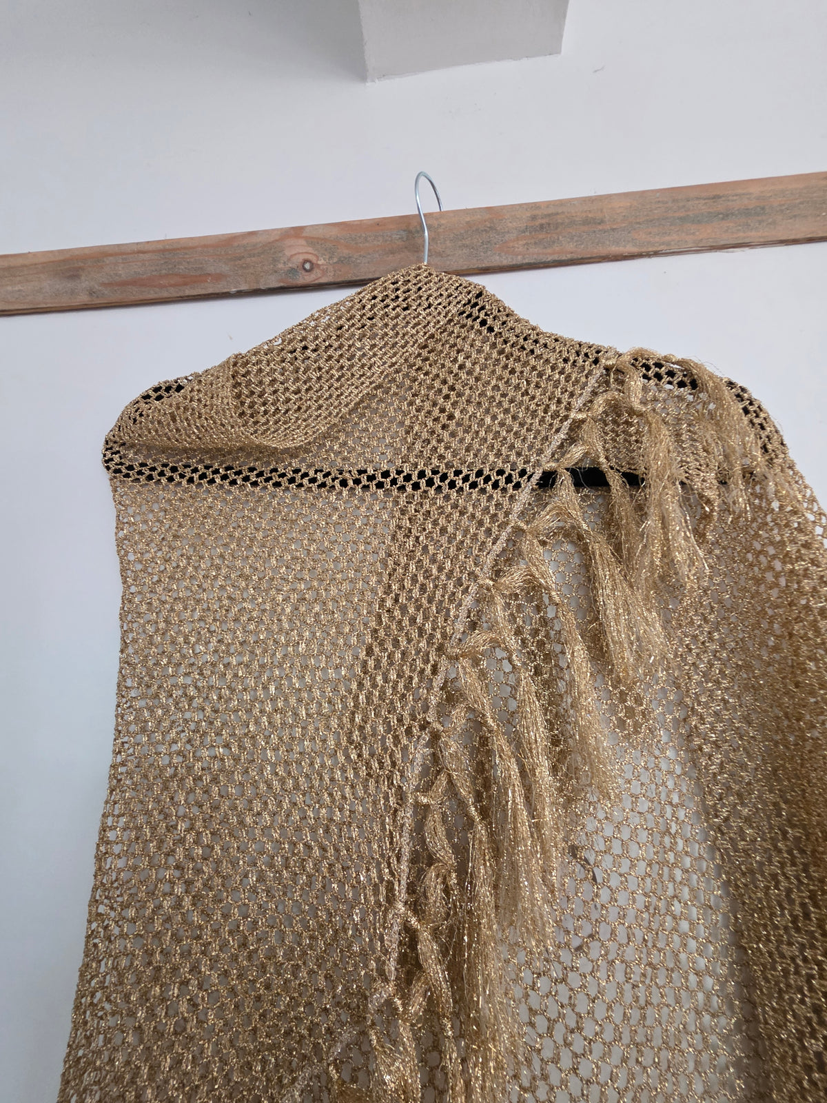 Gold metallic crochet fringed shawl, viscose blend, one size