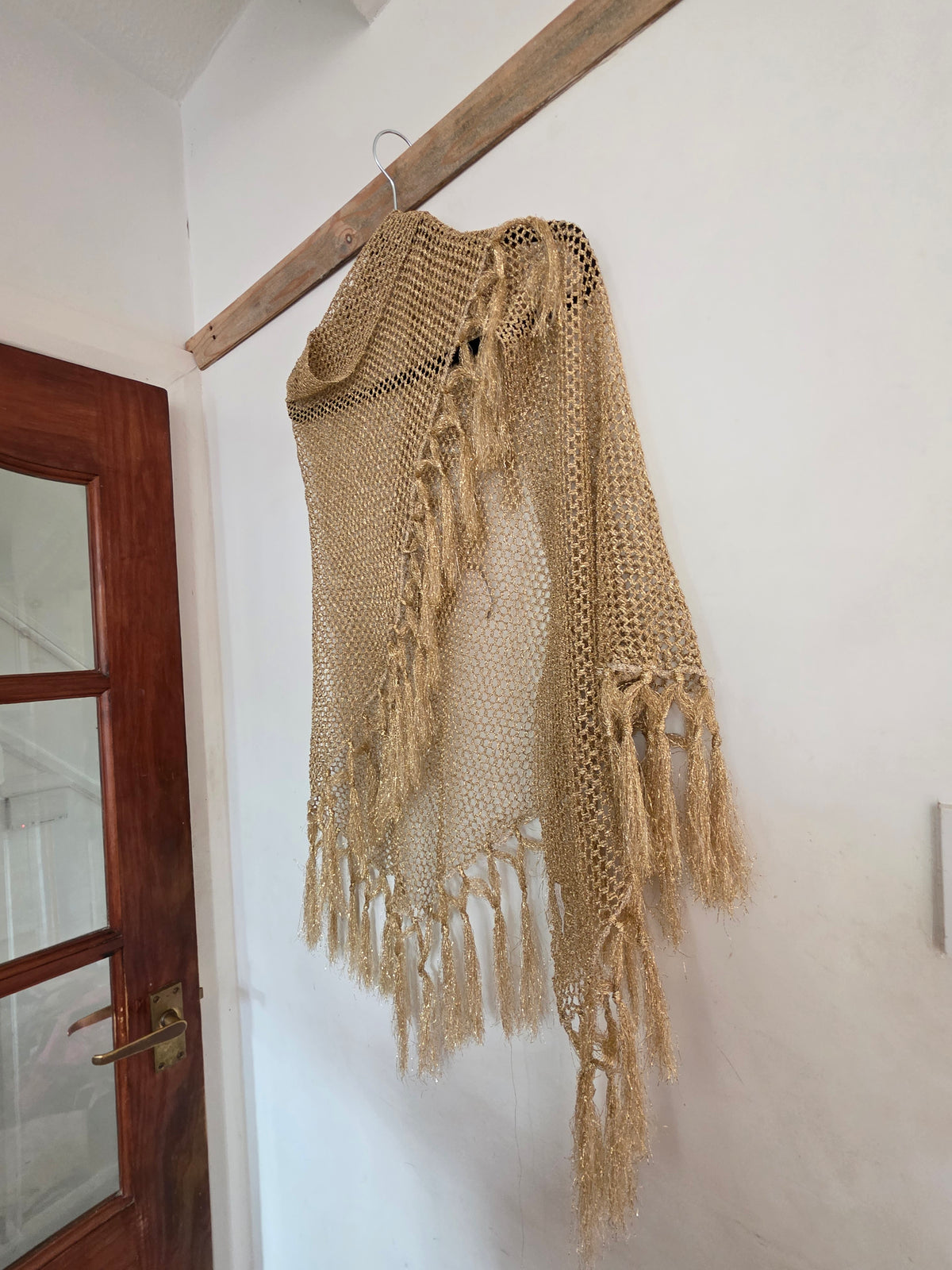 Gold metallic crochet fringed shawl, viscose blend, one size