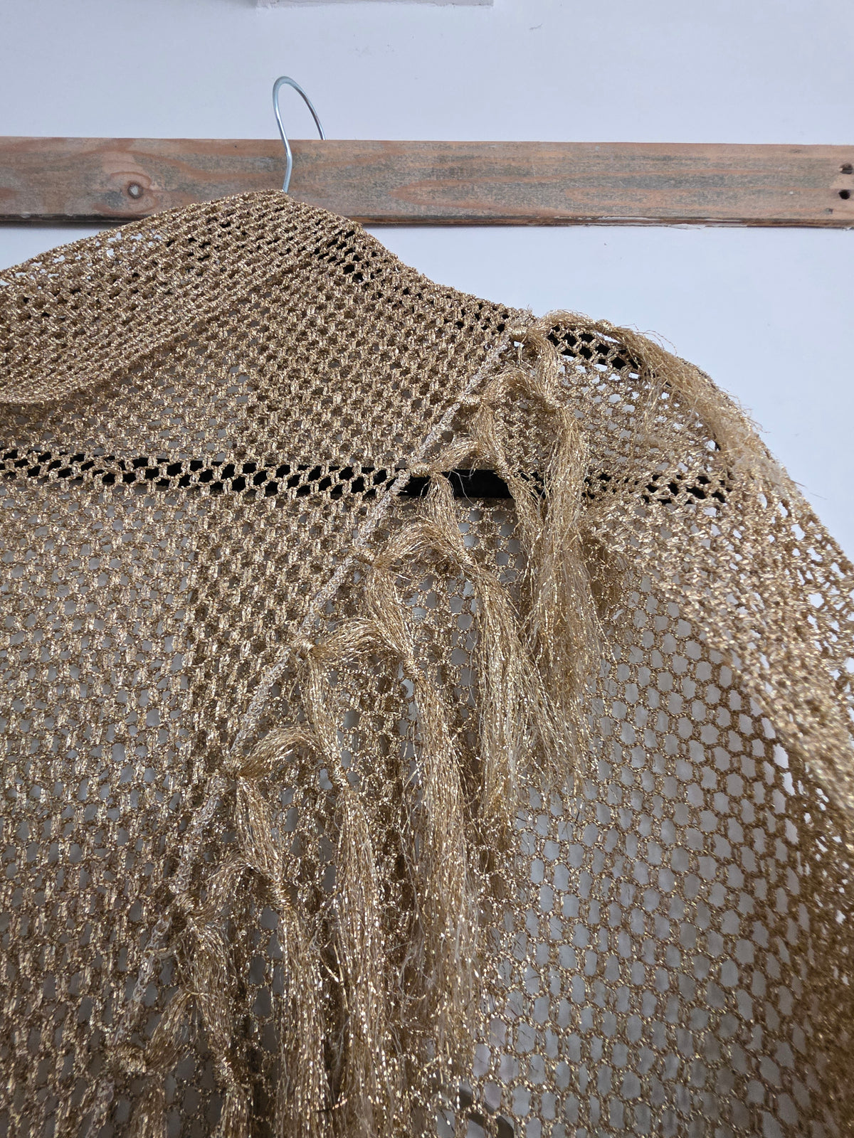 Gold metallic crochet fringed shawl, viscose blend, one size