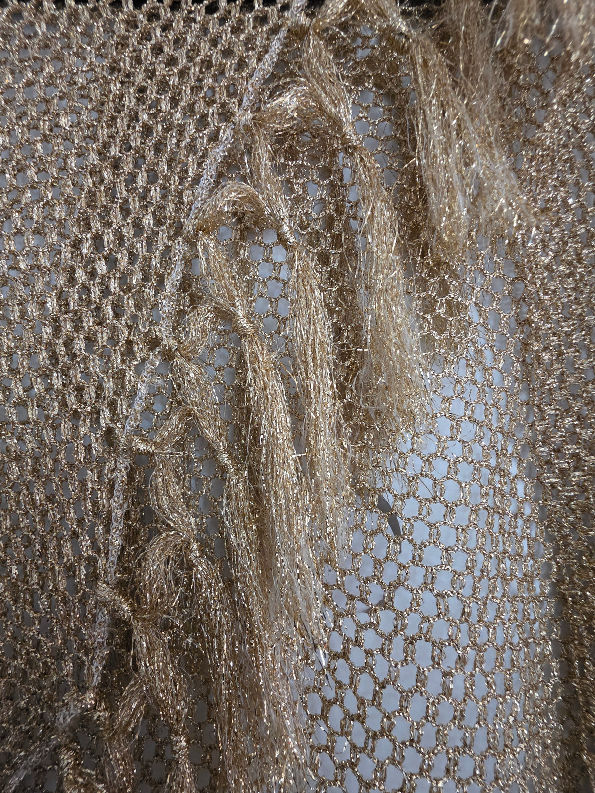 Gold metallic crochet fringed shawl, viscose blend, one size