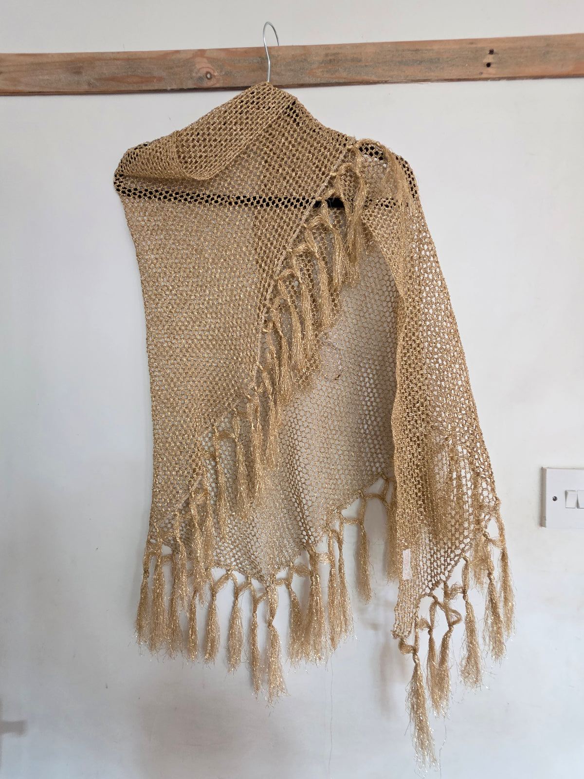 Gold metallic crochet fringed shawl, viscose blend, one size