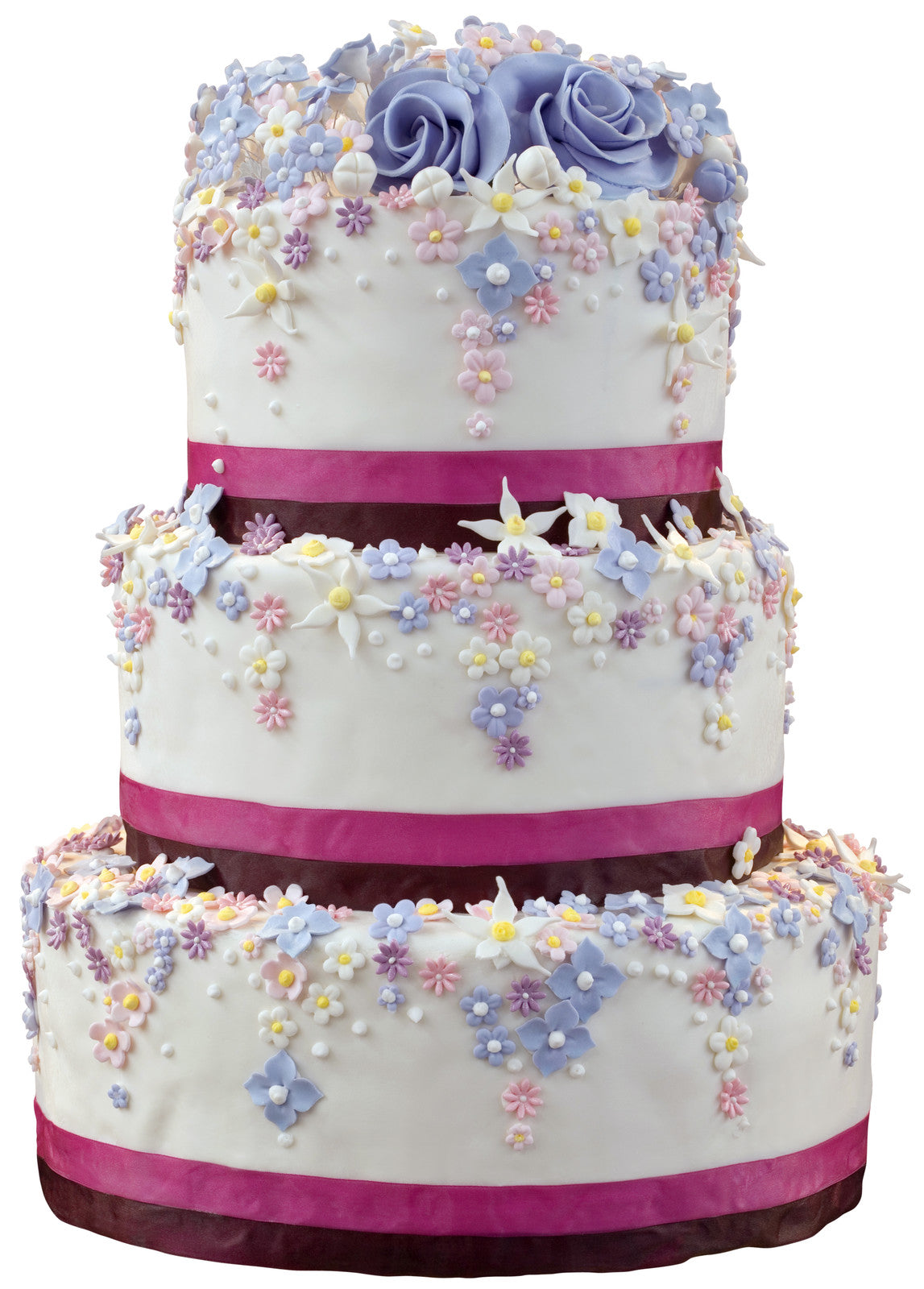 Three-tiered wedding cake with white icing, decorated with pastel sugar flowers and purple roses. Each layer is accented with dark and light pink ribbon bands.