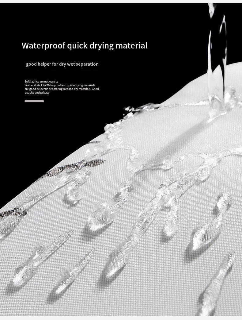 Close-up of water droplets running off waterproof fabric. Text highlights the material's quick-drying and water-repelling properties, aiding in wet-dry separation.